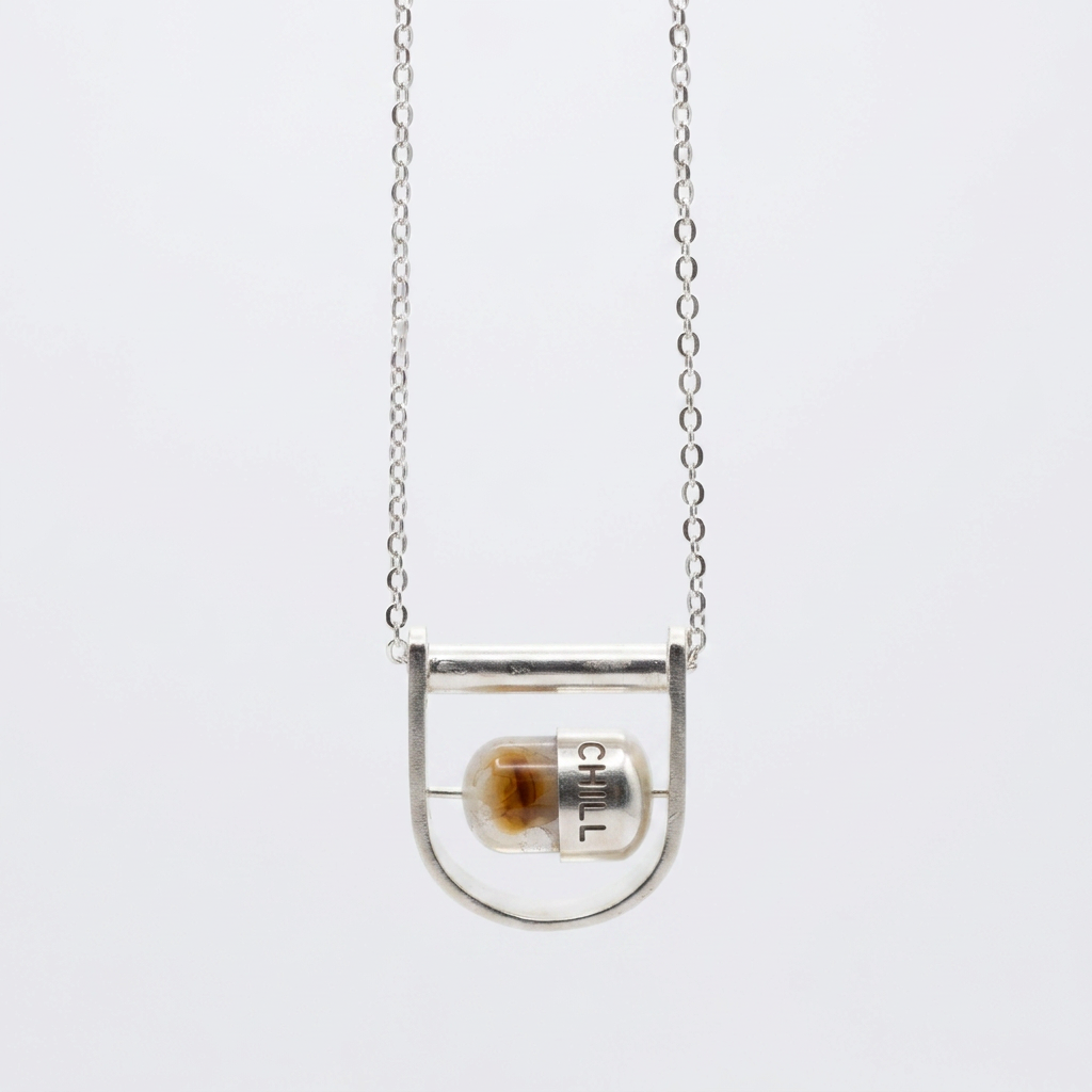 sterling silver interactive pendant necklace, unisex, agate stone, front view