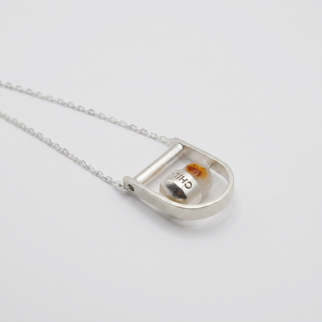 sterling silver interactive pendant necklace, unisex, agate stone, side view